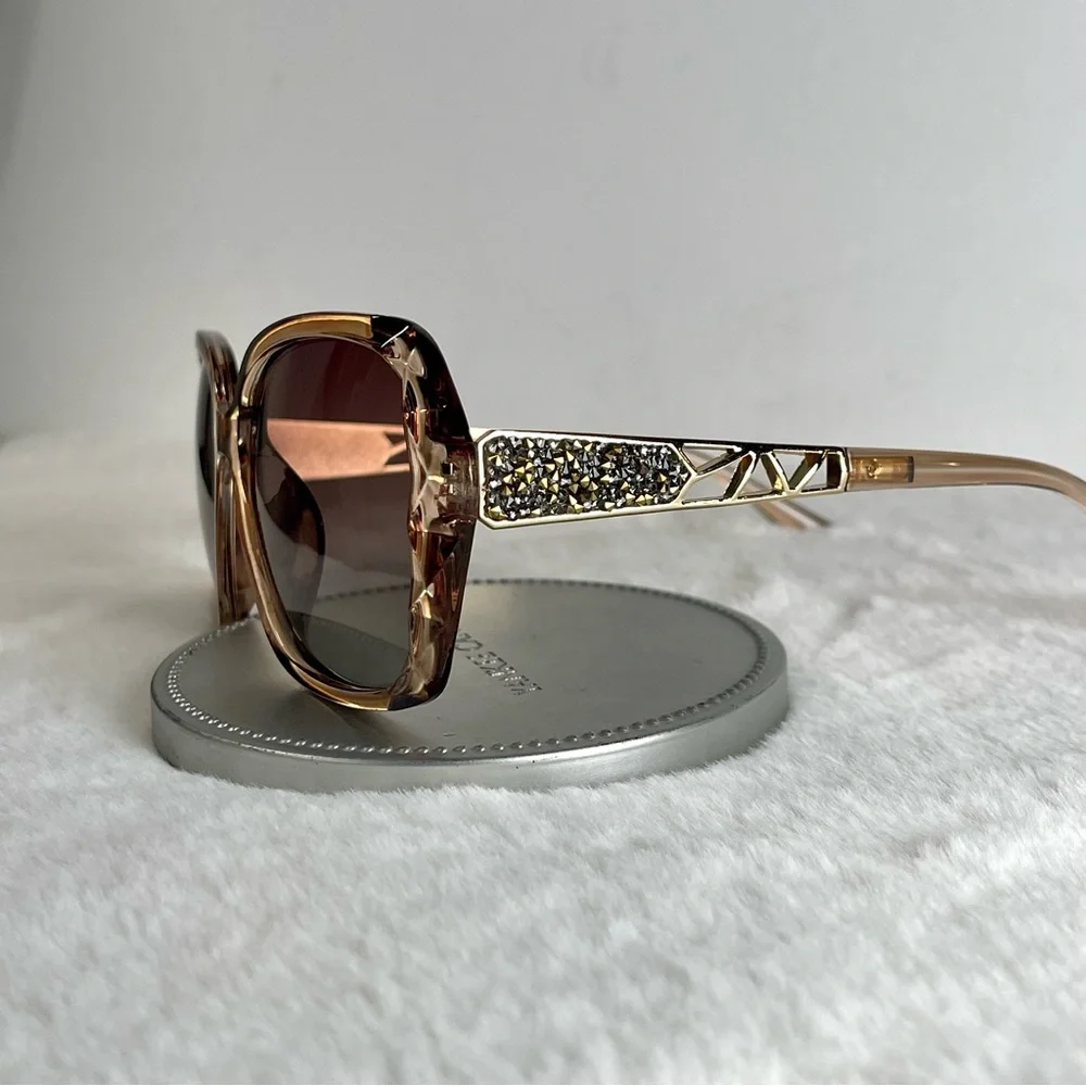 Brown & Gold Oversized Square Sunglasses Polarized Tinted w Crystal Frames Nwt